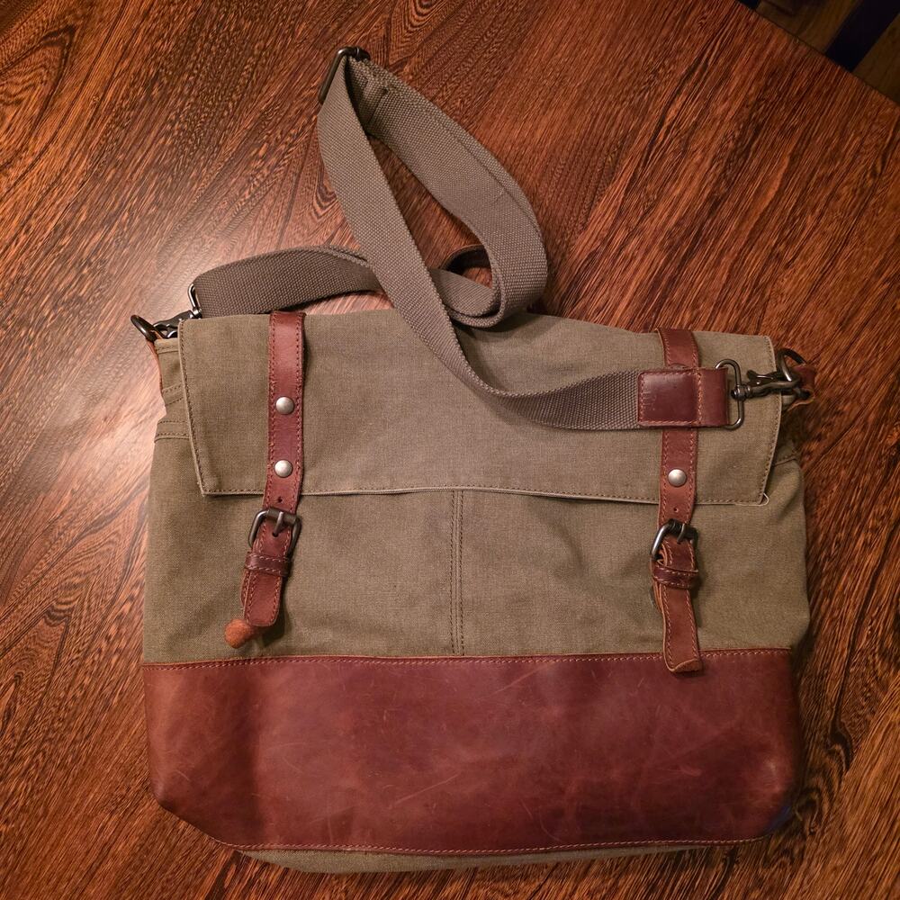 Ruff Ryder Leather Canvas Messenger Bag Men's Durable College Olive Brown